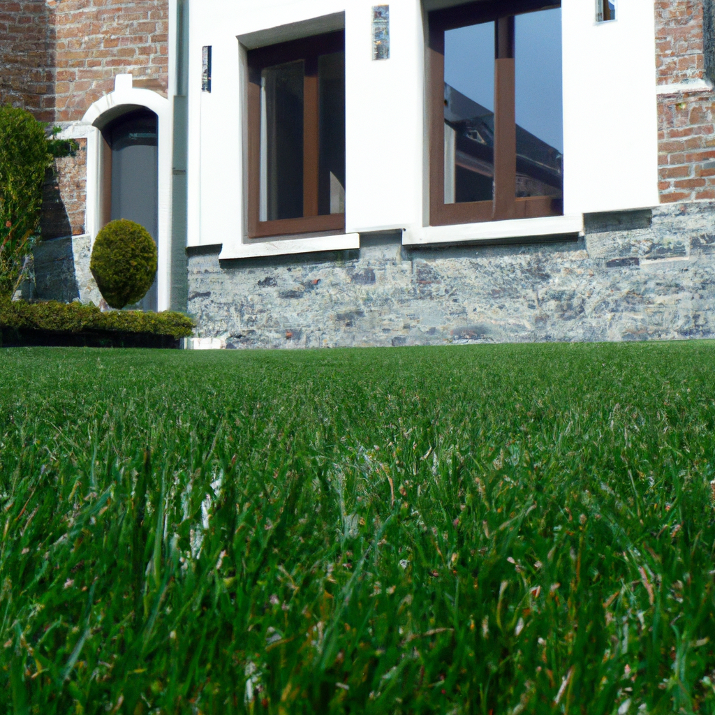 Perfect gemaaid gazon met strakke randen langs terras en border bij Brusselse rijwoning op zonnige dag