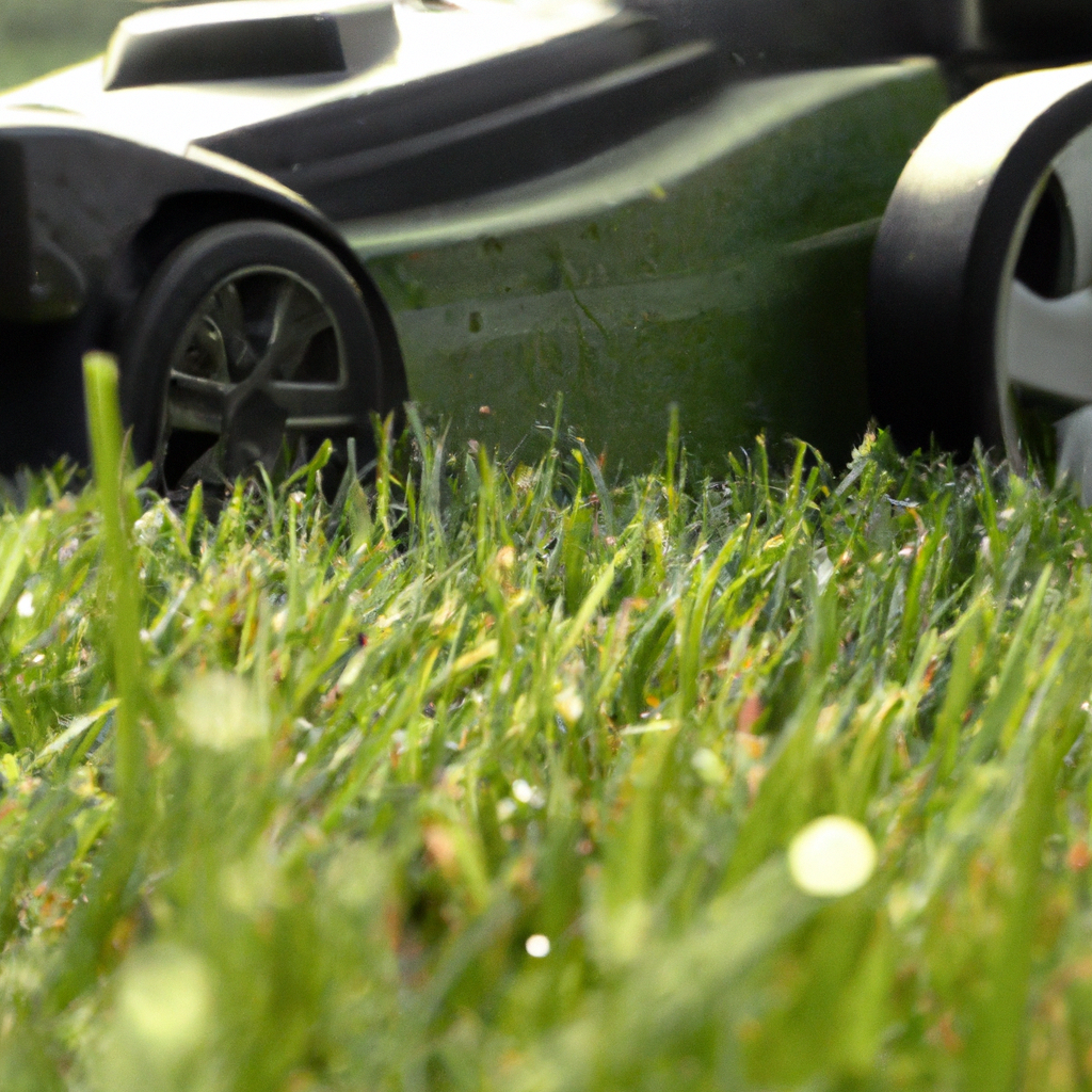 Stille elektrische grasmaaier die een Belgisch gazon strak maait, met dauw en frisgroene grassprieten in ochtendlicht
